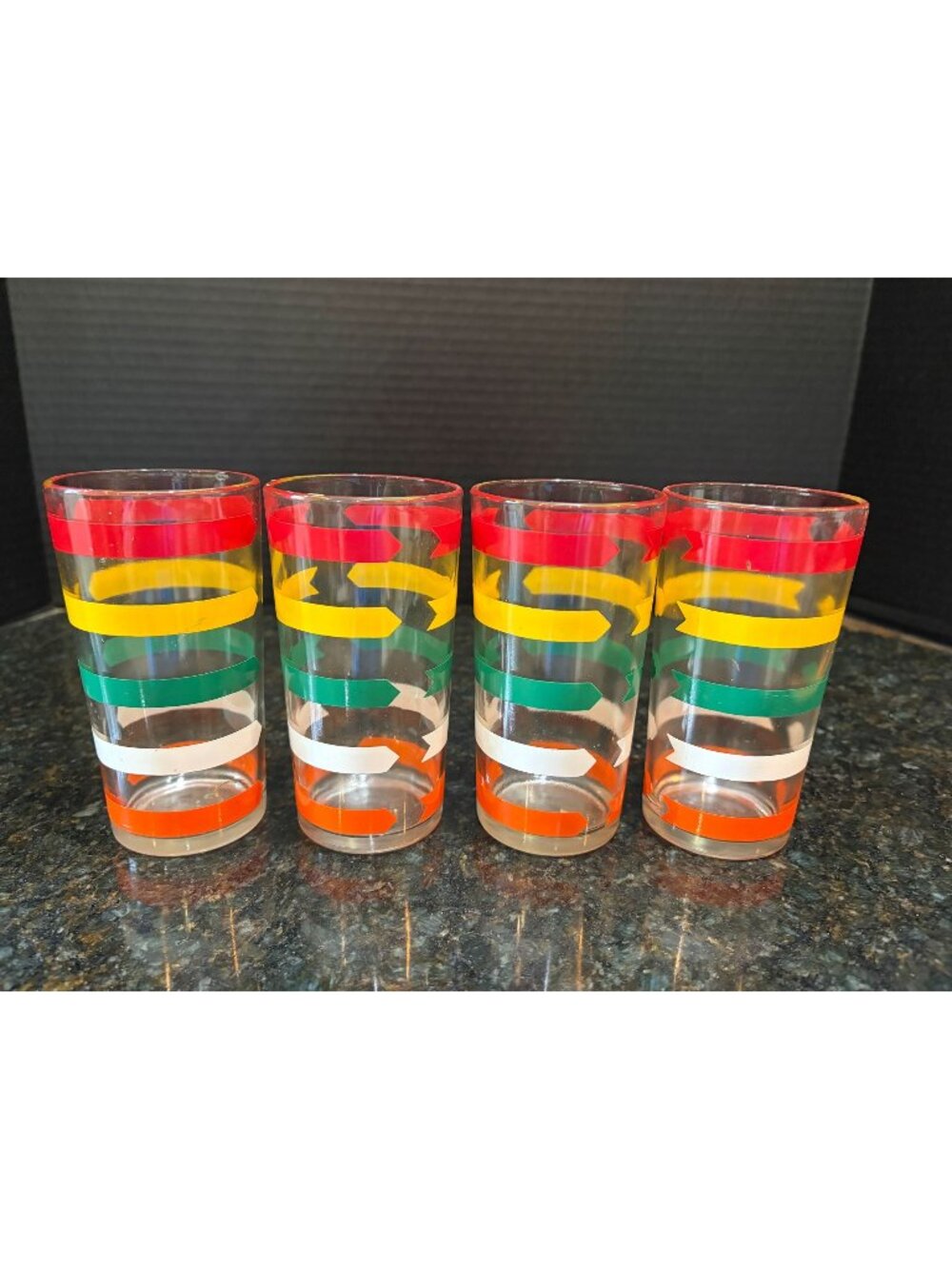 Vintage Anchor Hocking, 8 Ounce Fiesta Stripe Juice Glasses (Qty. 4)